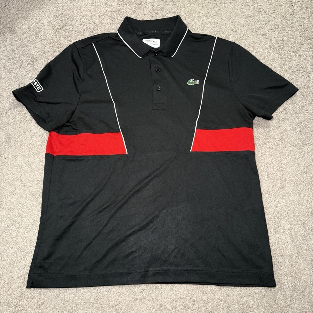 Lacoste Sport Polo Shirt Mens L FR 5 Black Red Novak Djokovic Tennis Loud Logo